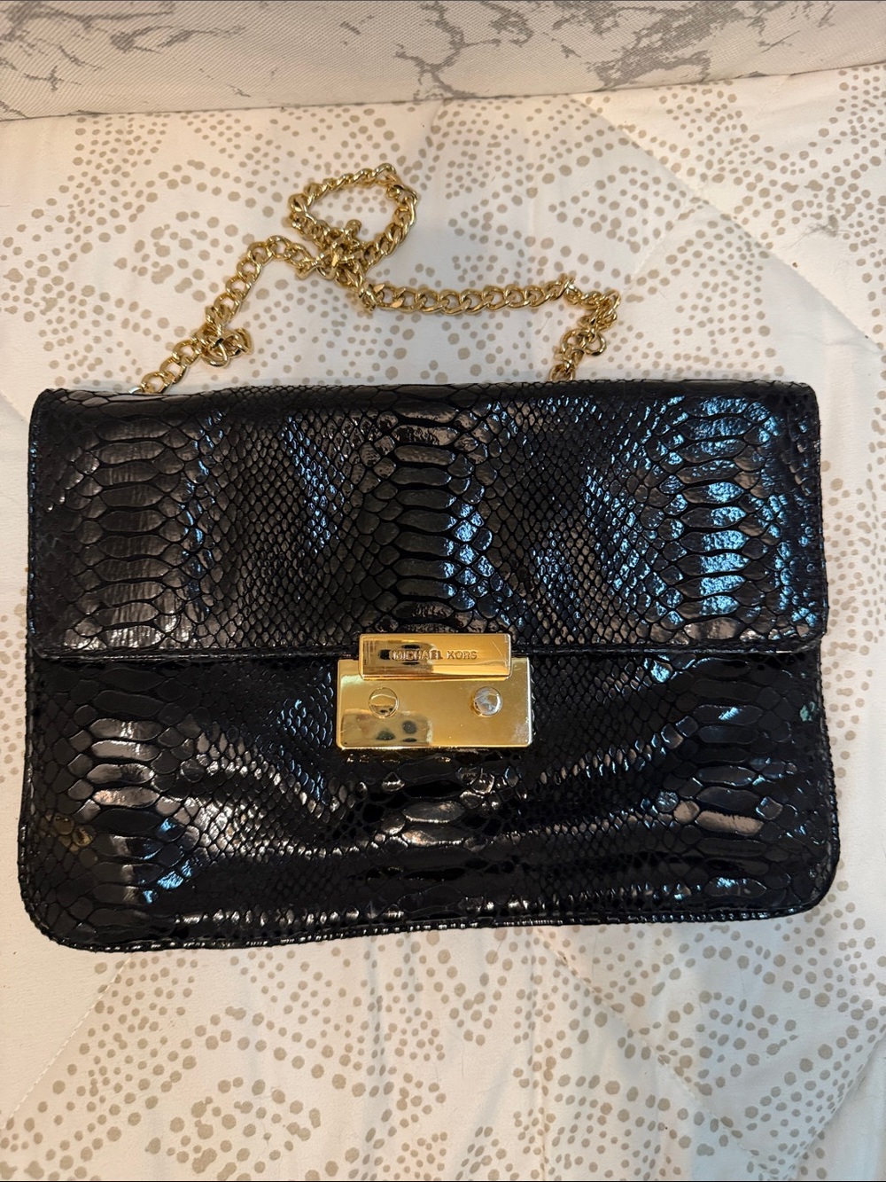 Michael Kors Black Patent Snake-Embossed Crossbody with Gold Chain